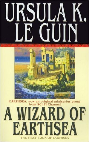 Book cover for A Wizard of Earthsea shows an ancient city on the water.