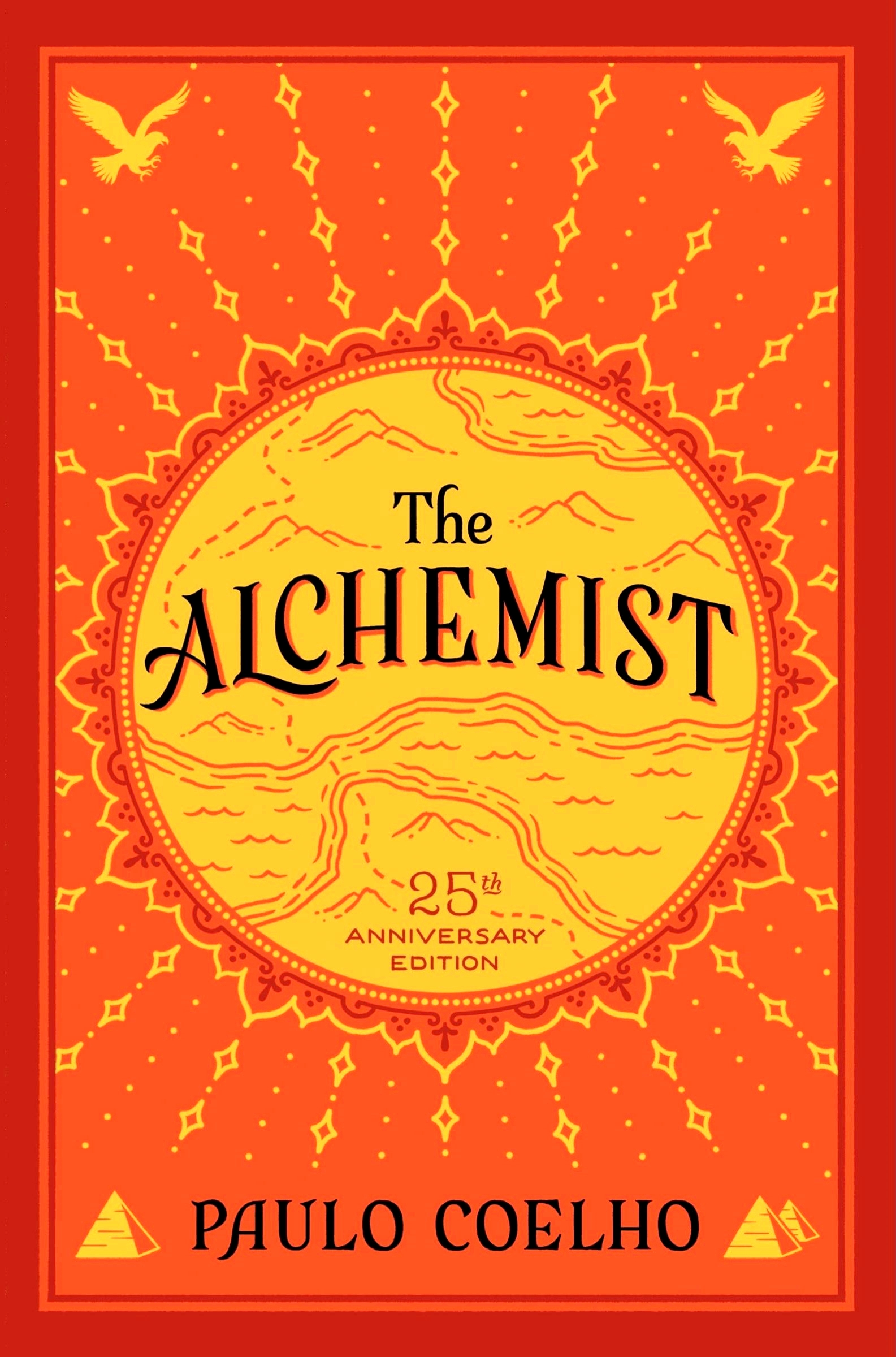 Book cover of The Alchemist shows a styliszed map in the center of a sun.