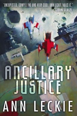 Book cover of Ancillary Justice shows two red & white sci-fi fighter ships racing past a larger ship.