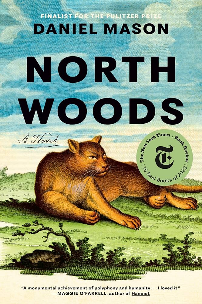 Book cover of The North Woods shows a mountain lion like cat lying on the ground.