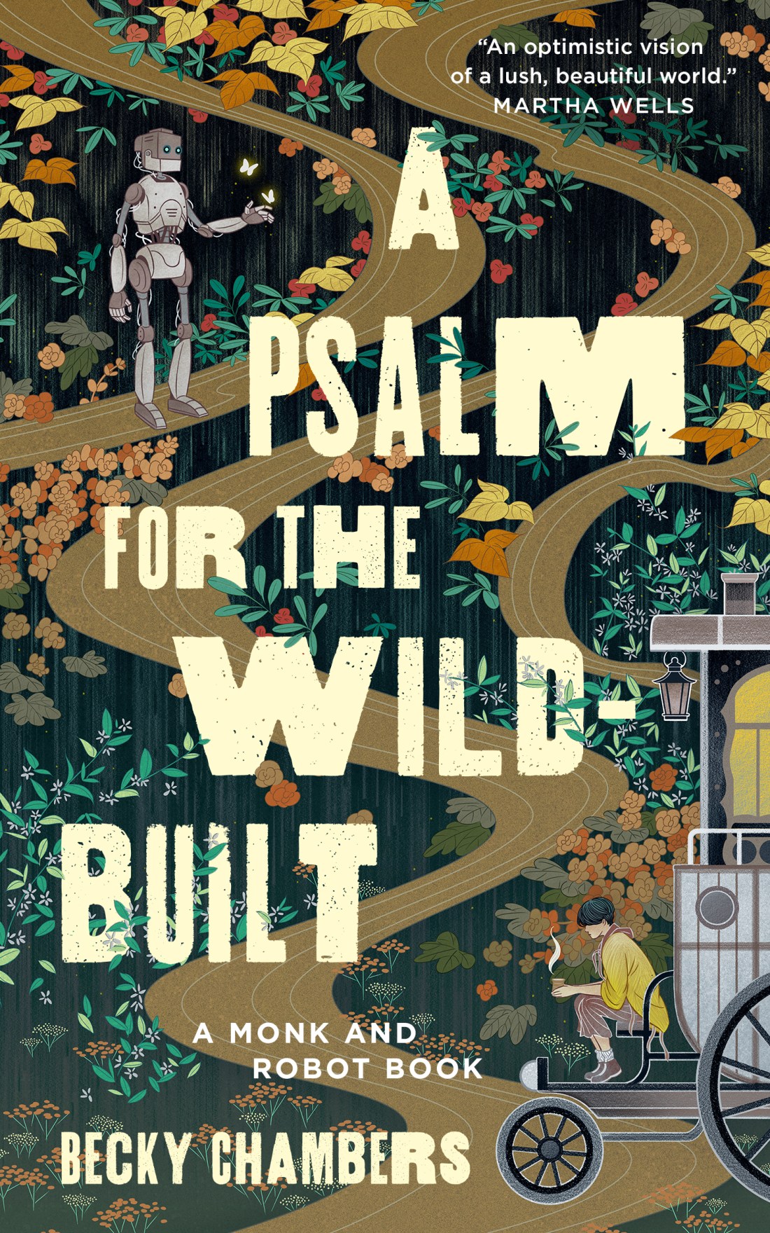 Book cover for A Psalm for the Wild-Built shows a robot and tea-seller on a winding paths.